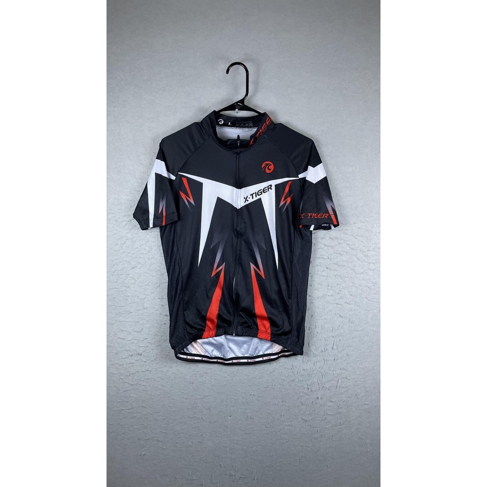 X-TIGER Cycling Jersey Mens‎ Large Black Red Full Zip Short Sleeve Bike Top